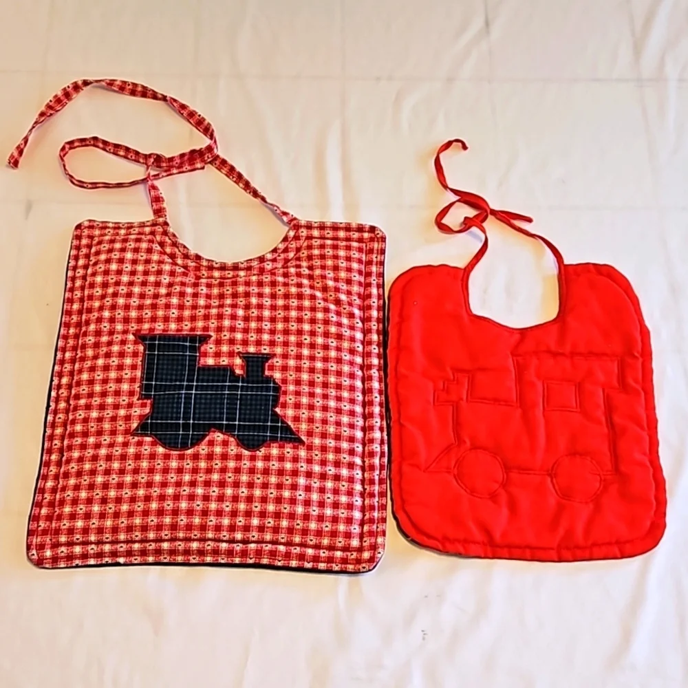 Hand Crafted upcycled bids 2pc-Set double-sided train plaid quilted embroidered